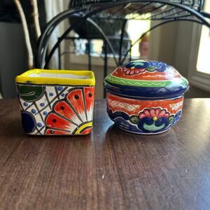 Small hand painted Mexican Talavera pottery plater & trinket dish folk art